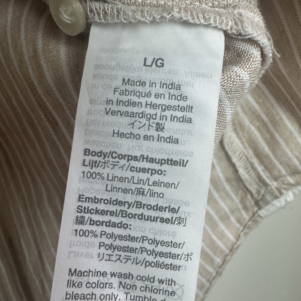 J Crew Linen Embroidered Khaki white Tunic top size Large Popover V Neck Preppy - Picture 5 of 9